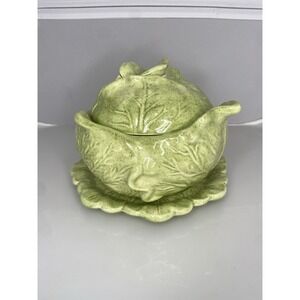 Vintage Holland Mold 3 Piece Green Cabbage Shaped Bowl w/ Lid and Underplate